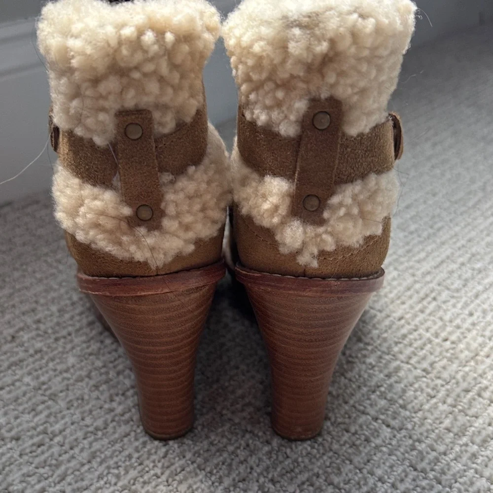 UGG Chestnut Suede Wedge Booties with Shearling Cuff